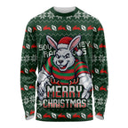 Personalized South Sydney Rabbitohs Christmas Long Sleeve Shirt Australian Rugby Fans - Pixelated Ugly Xmas Pattern Mascot Santa