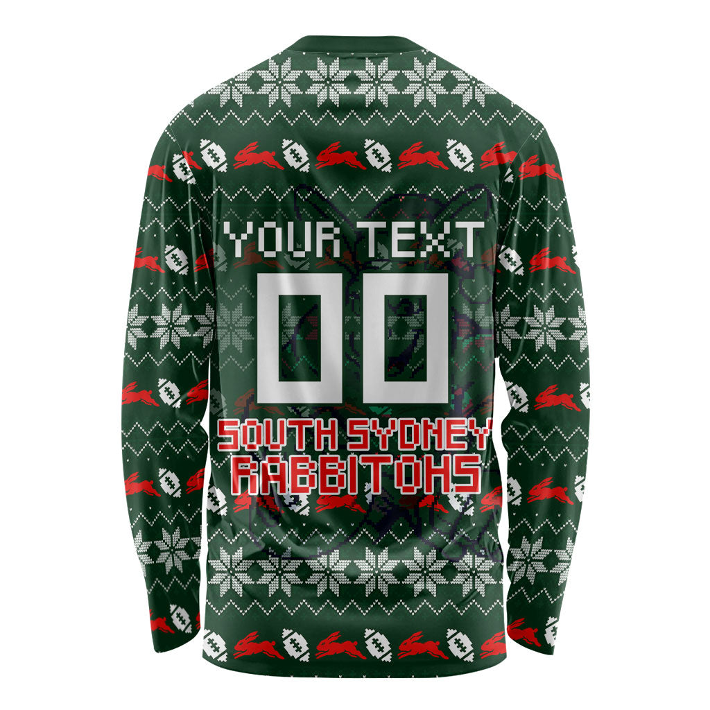Personalized South Sydney Rabbitohs Christmas Long Sleeve Shirt Australian Rugby Fans - Pixelated Ugly Xmas Pattern Mascot Santa