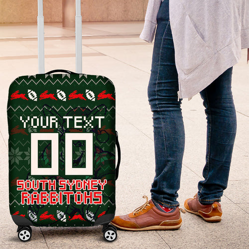 Personalized South Sydney Rabbitohs Christmas Luggage Cover Australian Rugby Fans - Pixelated Ugly Xmas Pattern Mascot Santa