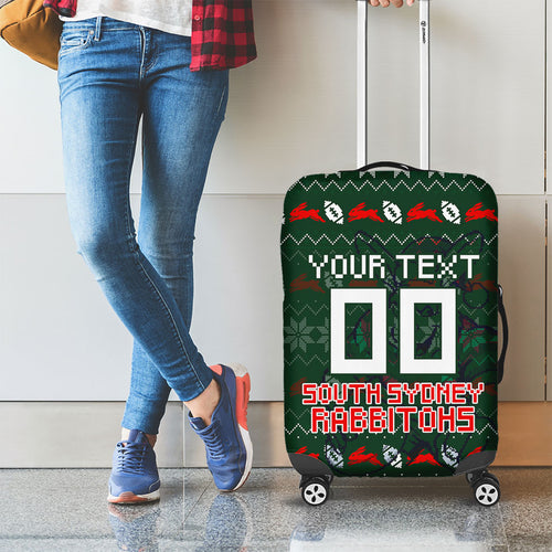 Personalized South Sydney Rabbitohs Christmas Luggage Cover Australian Rugby Fans - Pixelated Ugly Xmas Pattern Mascot Santa
