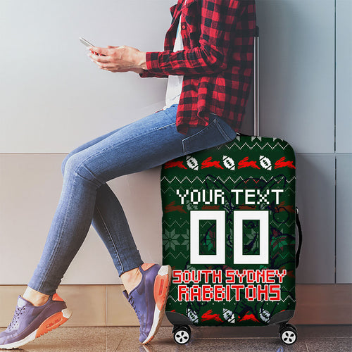 Personalized South Sydney Rabbitohs Christmas Luggage Cover Australian Rugby Fans - Pixelated Ugly Xmas Pattern Mascot Santa