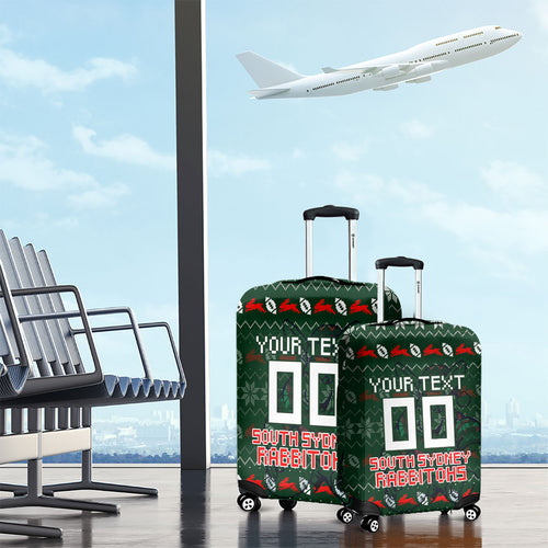 Personalized South Sydney Rabbitohs Christmas Luggage Cover Australian Rugby Fans - Pixelated Ugly Xmas Pattern Mascot Santa