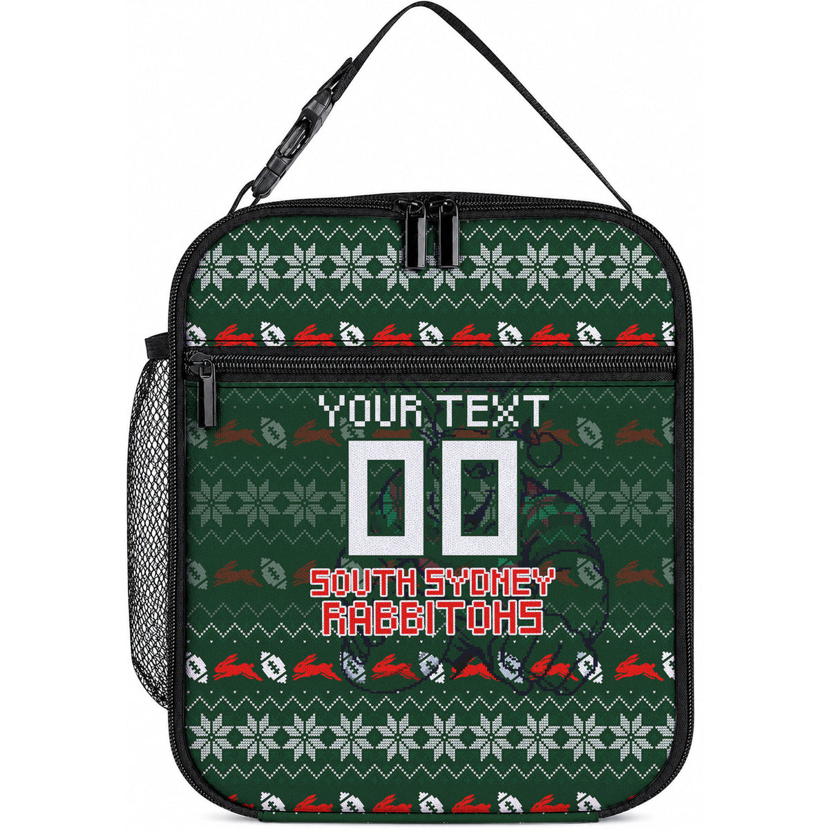 Personalized South Sydney Rabbitohs Christmas Lunch Bag Australian Rugby Fans - Pixelated Ugly Xmas Pattern Mascot Santa