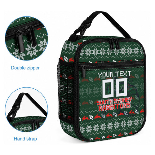 Personalized South Sydney Rabbitohs Christmas Lunch Bag Australian Rugby Fans - Pixelated Ugly Xmas Pattern Mascot Santa
