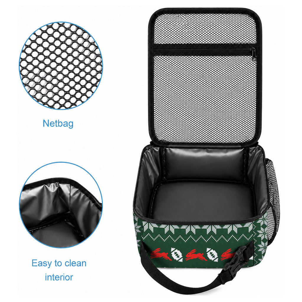 Personalized South Sydney Rabbitohs Christmas Lunch Bag Australian Rugby Fans - Pixelated Ugly Xmas Pattern Mascot Santa