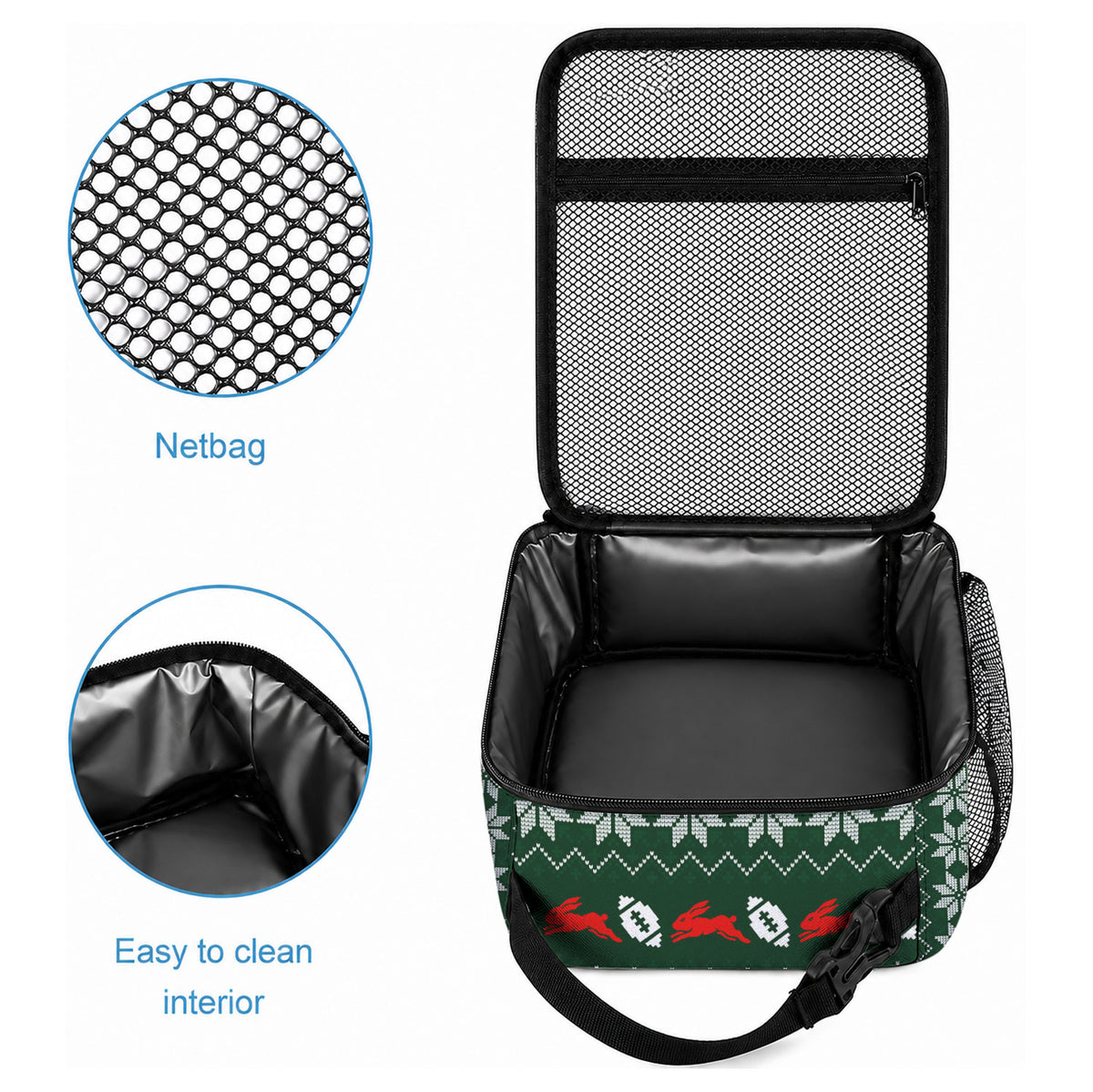 Personalized South Sydney Rabbitohs Christmas Lunch Bag Australian Rugby Fans - Pixelated Ugly Xmas Pattern Mascot Santa