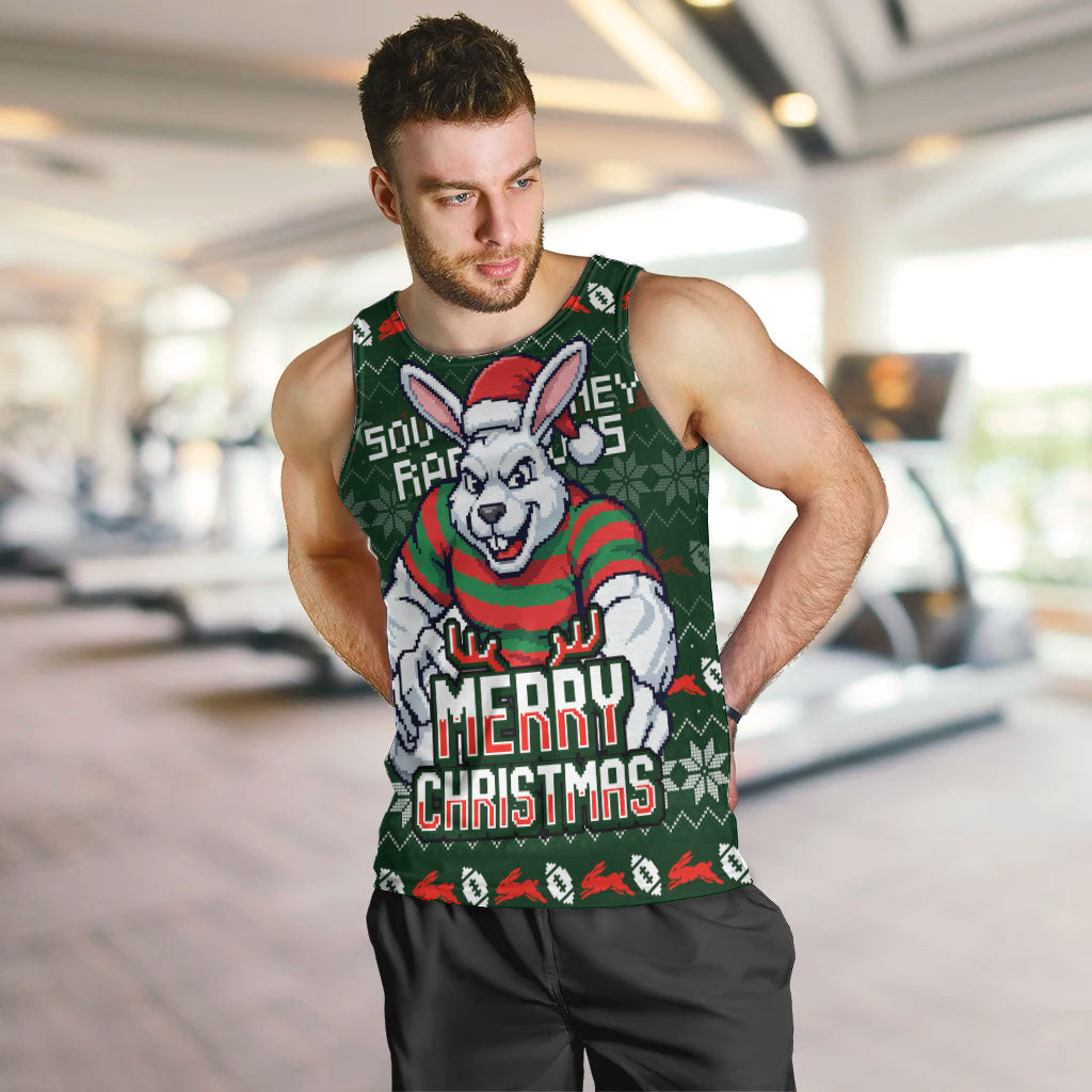 Personalized South Sydney Rabbitohs Christmas Men Tank Top Australian Rugby Fans - Pixelated Ugly Xmas Pattern Mascot Santa