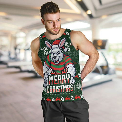 Personalized South Sydney Rabbitohs Christmas Men Tank Top Australian Rugby Fans - Pixelated Ugly Xmas Pattern Mascot Santa
