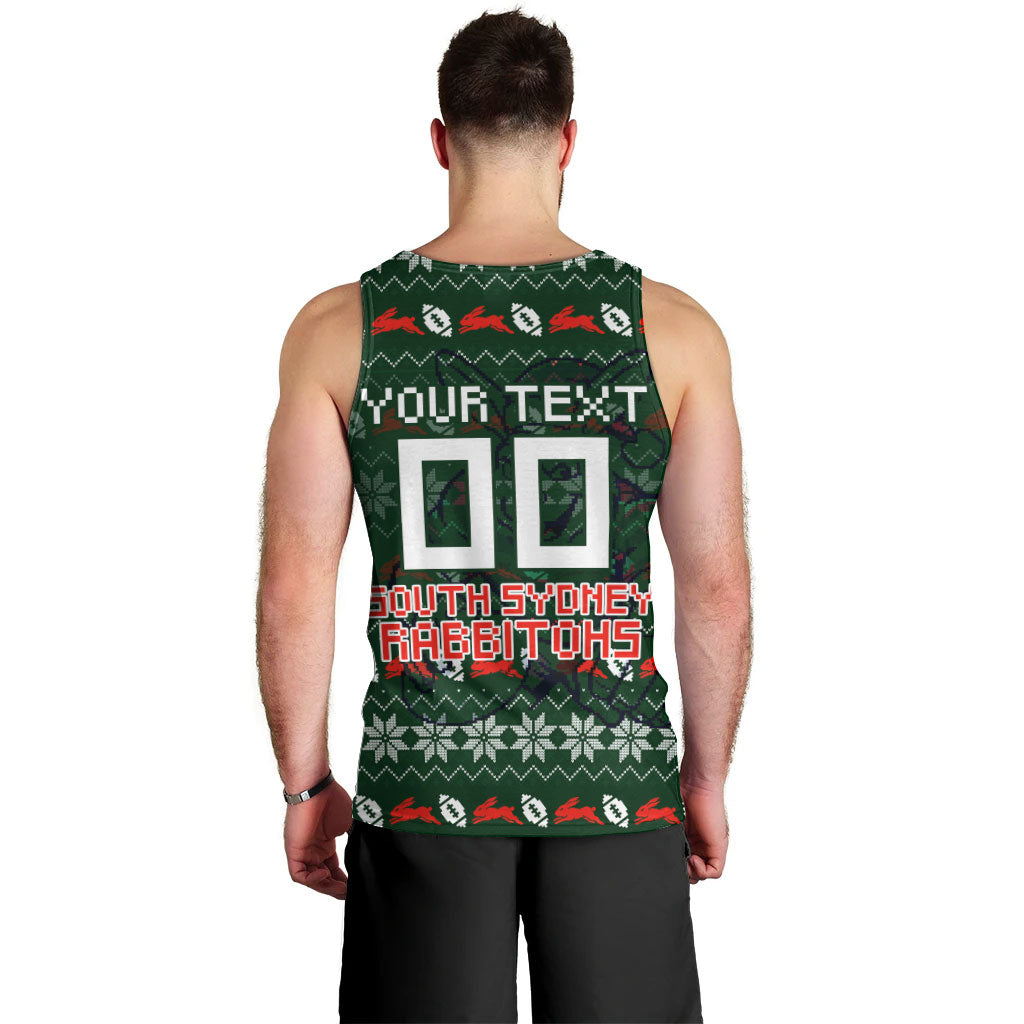 Personalized South Sydney Rabbitohs Christmas Men Tank Top Australian Rugby Fans - Pixelated Ugly Xmas Pattern Mascot Santa