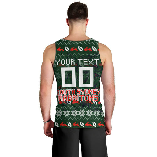 Personalized South Sydney Rabbitohs Christmas Men Tank Top Australian Rugby Fans - Pixelated Ugly Xmas Pattern Mascot Santa