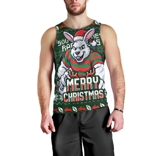 Personalized South Sydney Rabbitohs Christmas Men Tank Top Australian Rugby Fans - Pixelated Ugly Xmas Pattern Mascot Santa