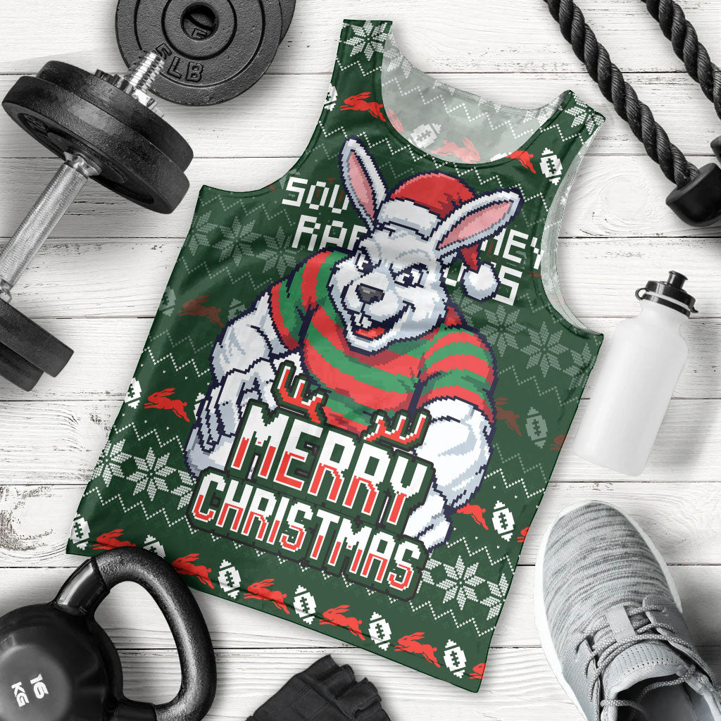 Personalized South Sydney Rabbitohs Christmas Men Tank Top Australian Rugby Fans - Pixelated Ugly Xmas Pattern Mascot Santa