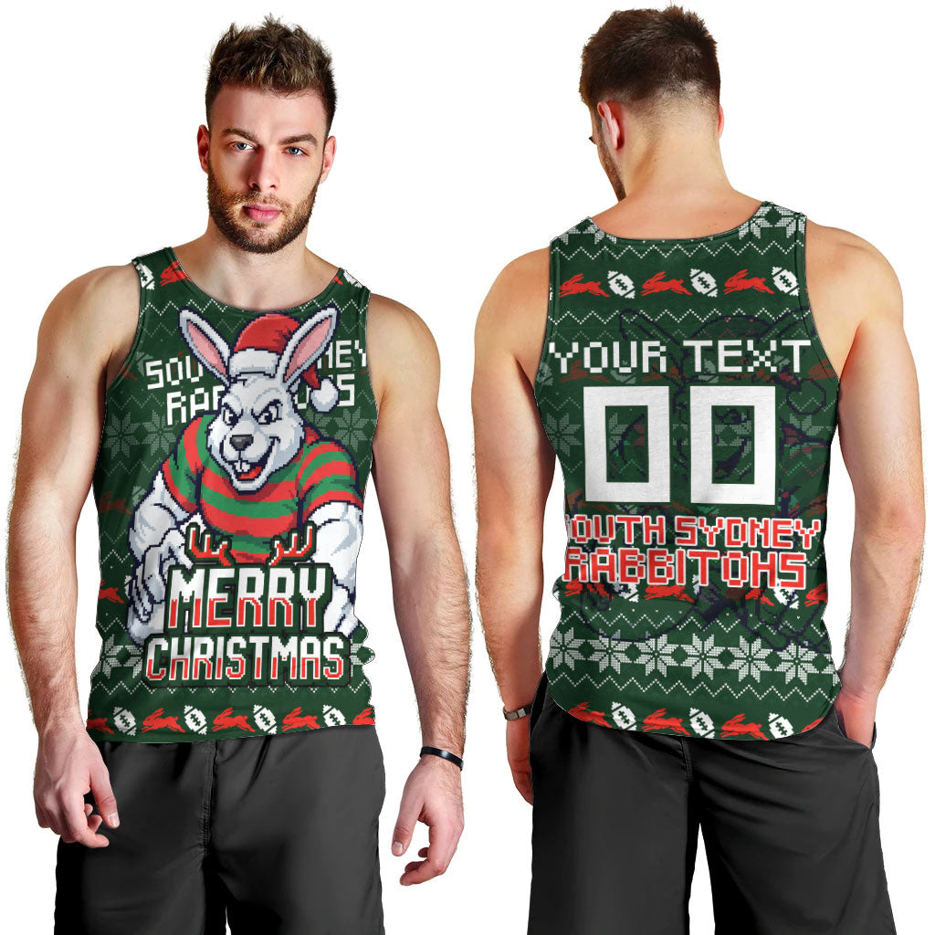 Personalized South Sydney Rabbitohs Christmas Men Tank Top Australian Rugby Fans - Pixelated Ugly Xmas Pattern Mascot Santa