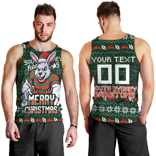 Personalized South Sydney Rabbitohs Christmas Men Tank Top Australian Rugby Fans - Pixelated Ugly Xmas Pattern Mascot Santa