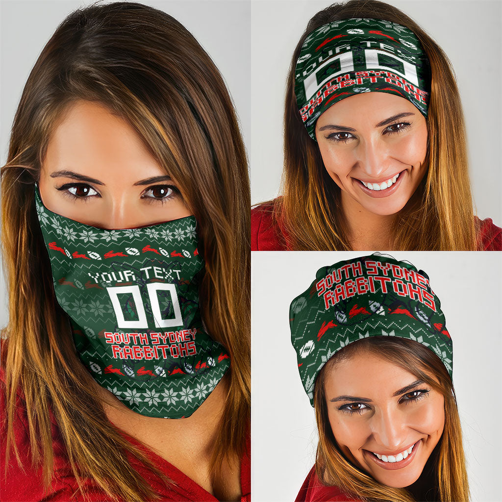 Personalized South Sydney Rabbitohs Christmas Neck Gaiter Australian Rugby Fans - Pixelated Ugly Xmas Pattern Mascot Santa