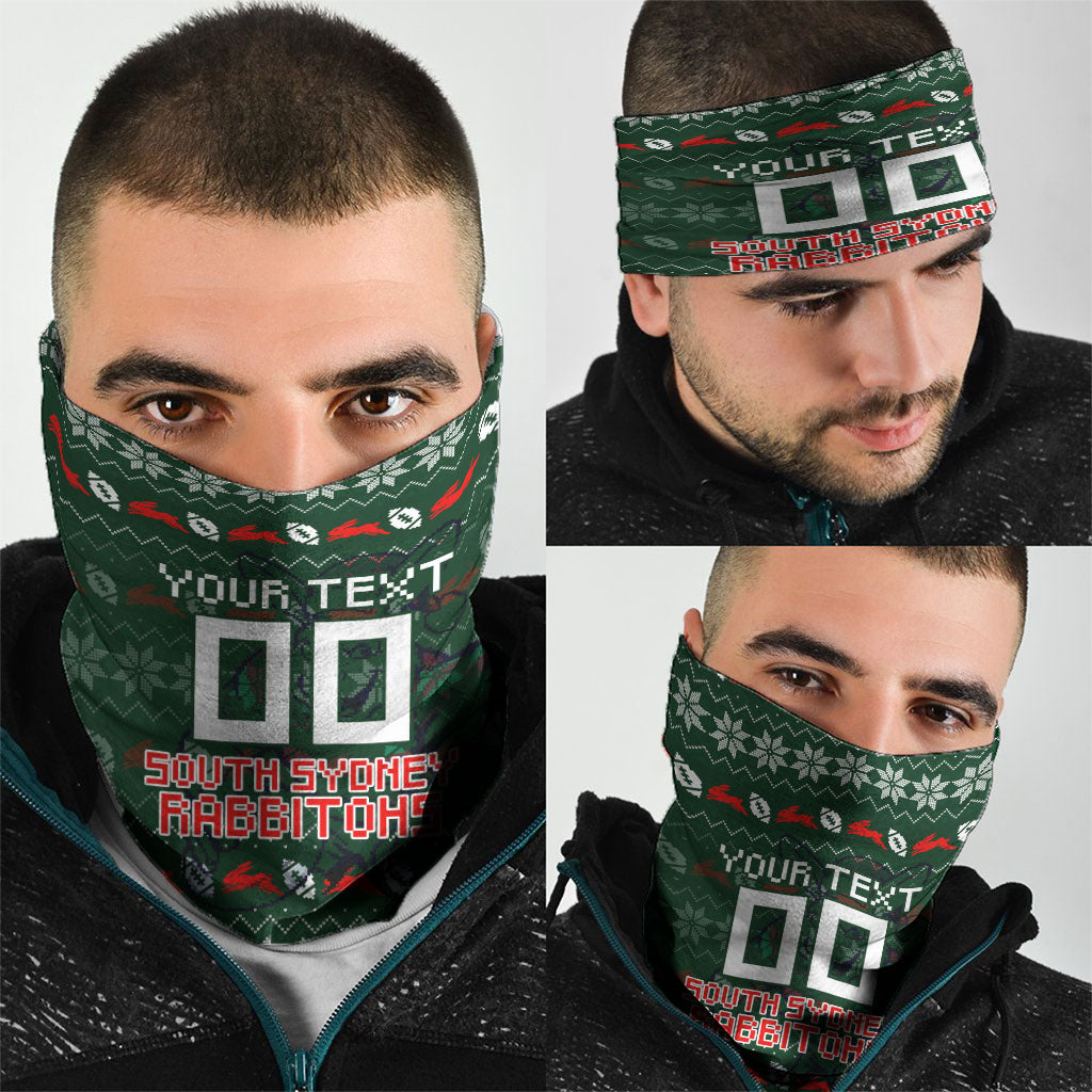 Personalized South Sydney Rabbitohs Christmas Neck Gaiter Australian Rugby Fans - Pixelated Ugly Xmas Pattern Mascot Santa