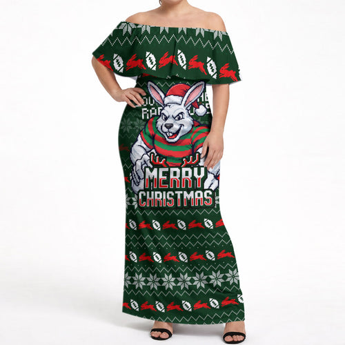 Personalized South Sydney Rabbitohs Christmas Off Shoulder Maxi Dress Australian Rugby Fans - Pixelated Ugly Xmas Pattern Mascot Santa