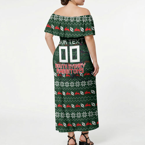 Personalized South Sydney Rabbitohs Christmas Off Shoulder Maxi Dress Australian Rugby Fans - Pixelated Ugly Xmas Pattern Mascot Santa
