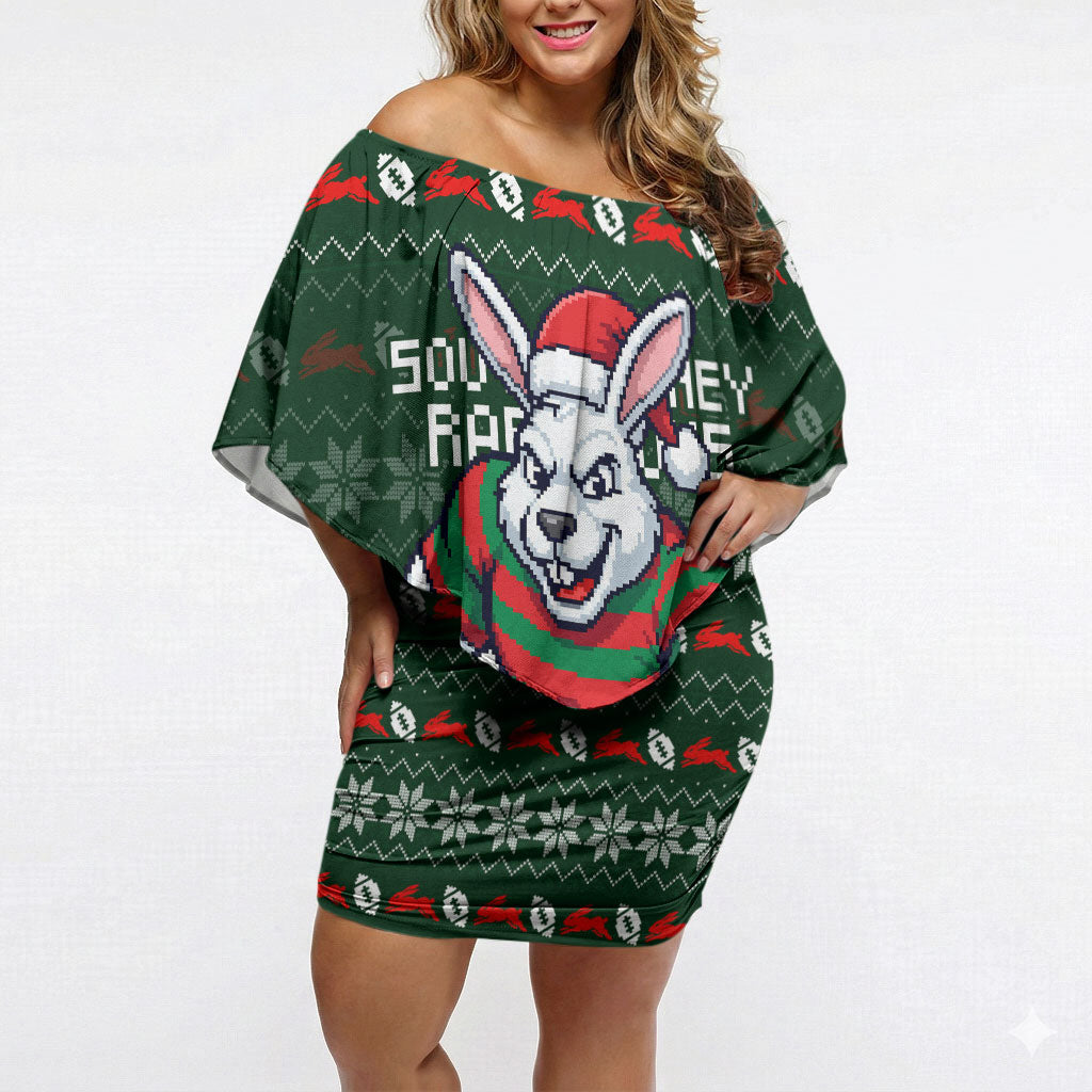 Personalized South Sydney Rabbitohs Christmas Off Shoulder Short Dress Australian Rugby Fans - Pixelated Ugly Xmas Pattern Mascot Santa