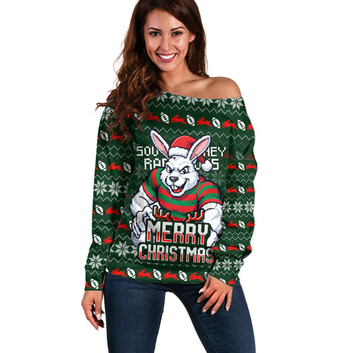 Personalized South Sydney Rabbitohs Christmas Off Shoulder Sweater Australian Rugby Fans - Pixelated Ugly Xmas Pattern Mascot Santa