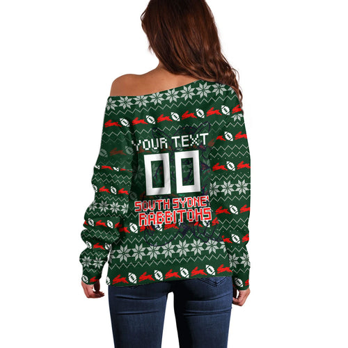 Personalized South Sydney Rabbitohs Christmas Off Shoulder Sweater Australian Rugby Fans - Pixelated Ugly Xmas Pattern Mascot Santa