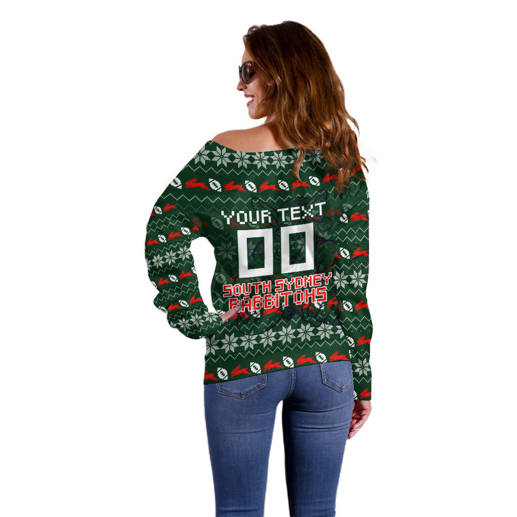 Personalized South Sydney Rabbitohs Christmas Off Shoulder Sweater Australian Rugby Fans - Pixelated Ugly Xmas Pattern Mascot Santa