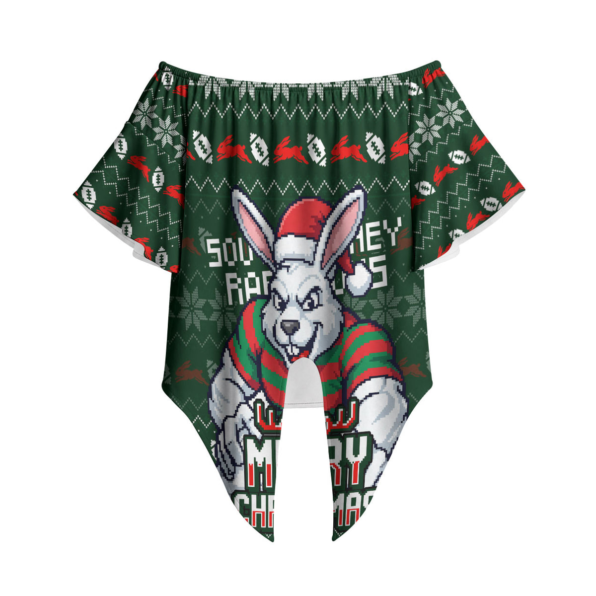 Personalized South Sydney Rabbitohs Christmas Off Shoulder Wrap Waist Top Australian Rugby Fans - Pixelated Ugly Xmas Pattern Mascot Santa