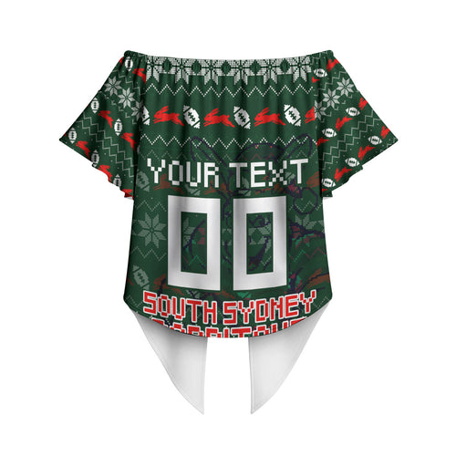 Personalized South Sydney Rabbitohs Christmas Off Shoulder Wrap Waist Top Australian Rugby Fans - Pixelated Ugly Xmas Pattern Mascot Santa