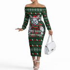 Personalized South Sydney Rabbitohs Christmas Off The Shoulder Long Sleeve Dress Australian Rugby Fans - Pixelated Ugly Xmas Pattern Mascot Santa