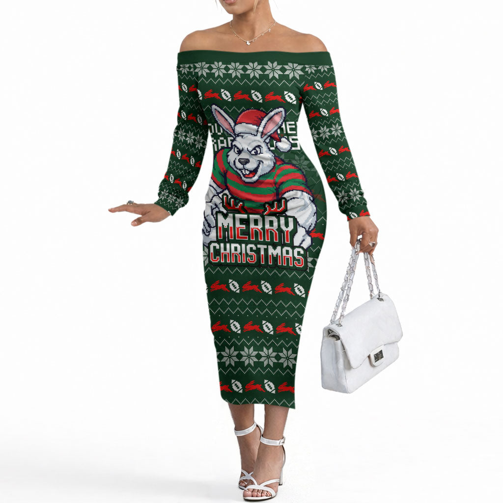 Personalized South Sydney Rabbitohs Christmas Off The Shoulder Long Sleeve Dress Australian Rugby Fans - Pixelated Ugly Xmas Pattern Mascot Santa