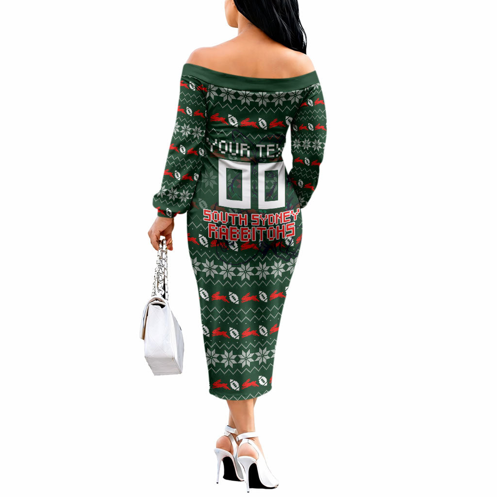 Personalized South Sydney Rabbitohs Christmas Off The Shoulder Long Sleeve Dress Australian Rugby Fans - Pixelated Ugly Xmas Pattern Mascot Santa