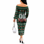 Personalized South Sydney Rabbitohs Christmas Off The Shoulder Long Sleeve Dress Australian Rugby Fans - Pixelated Ugly Xmas Pattern Mascot Santa