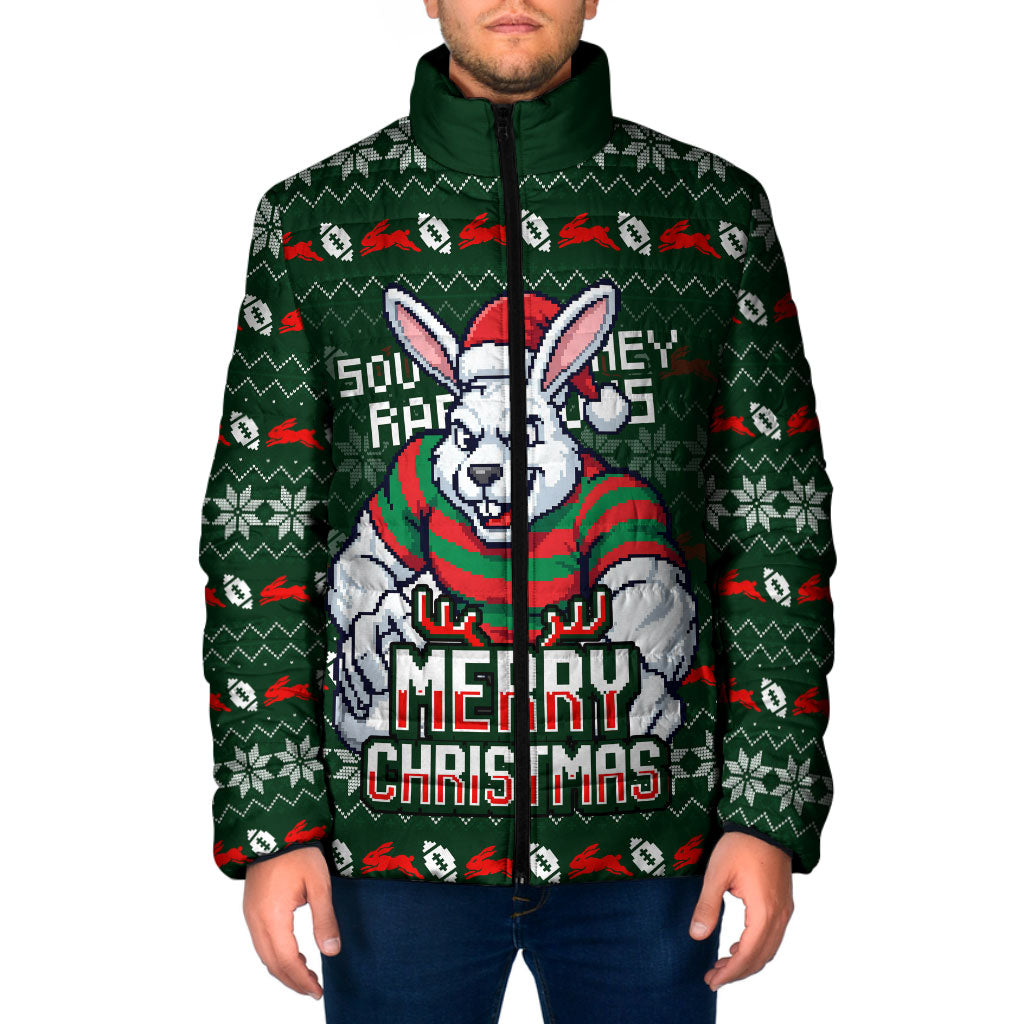Personalized South Sydney Rabbitohs Christmas Padded Jacket Australian Rugby Fans - Pixelated Ugly Xmas Pattern Mascot Santa