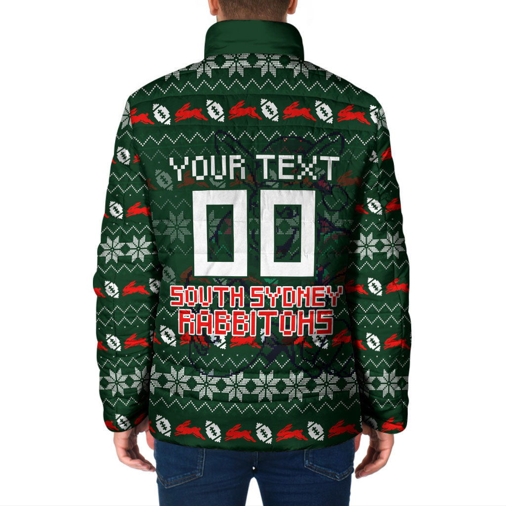 Personalized South Sydney Rabbitohs Christmas Padded Jacket Australian Rugby Fans - Pixelated Ugly Xmas Pattern Mascot Santa