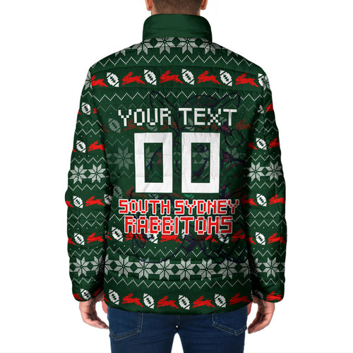 Personalized South Sydney Rabbitohs Christmas Padded Jacket Australian Rugby Fans - Pixelated Ugly Xmas Pattern Mascot Santa