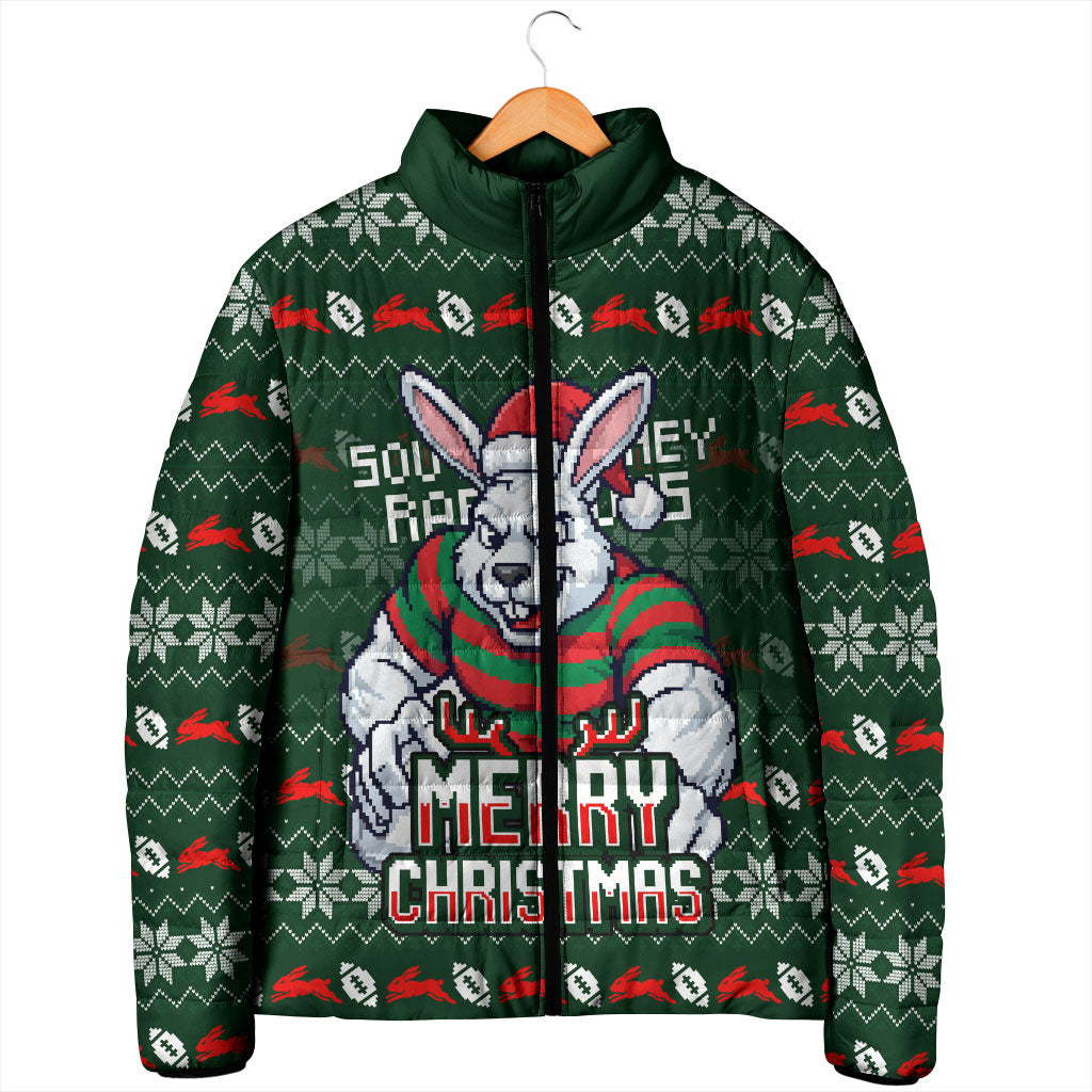 Personalized South Sydney Rabbitohs Christmas Padded Jacket Australian Rugby Fans - Pixelated Ugly Xmas Pattern Mascot Santa