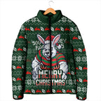Personalized South Sydney Rabbitohs Christmas Padded Jacket Australian Rugby Fans - Pixelated Ugly Xmas Pattern Mascot Santa