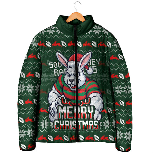 Personalized South Sydney Rabbitohs Christmas Padded Jacket Australian Rugby Fans - Pixelated Ugly Xmas Pattern Mascot Santa