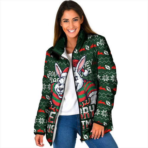Personalized South Sydney Rabbitohs Christmas Padded Jacket Australian Rugby Fans - Pixelated Ugly Xmas Pattern Mascot Santa