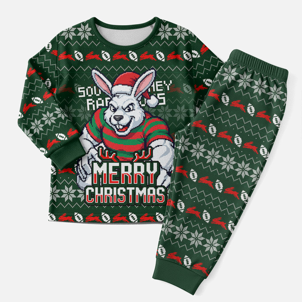 Personalized South Sydney Rabbitohs Christmas Pajama Set Australian Rugby Fans - Pixelated Ugly Xmas Pattern Mascot Santa