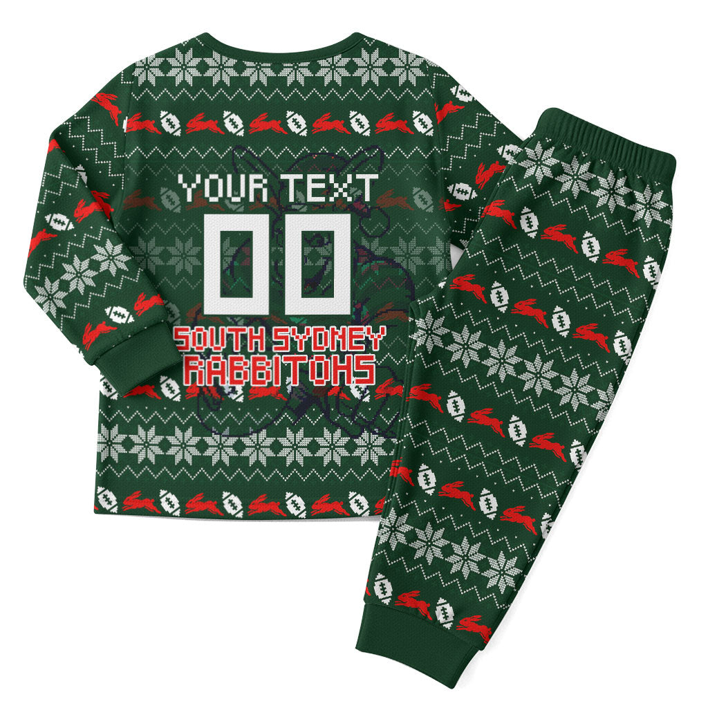 Personalized South Sydney Rabbitohs Christmas Pajama Set Australian Rugby Fans - Pixelated Ugly Xmas Pattern Mascot Santa