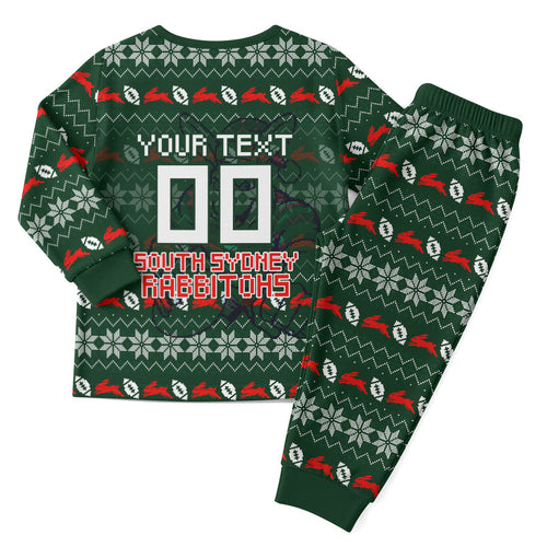 Personalized South Sydney Rabbitohs Christmas Pajama Set Australian Rugby Fans - Pixelated Ugly Xmas Pattern Mascot Santa