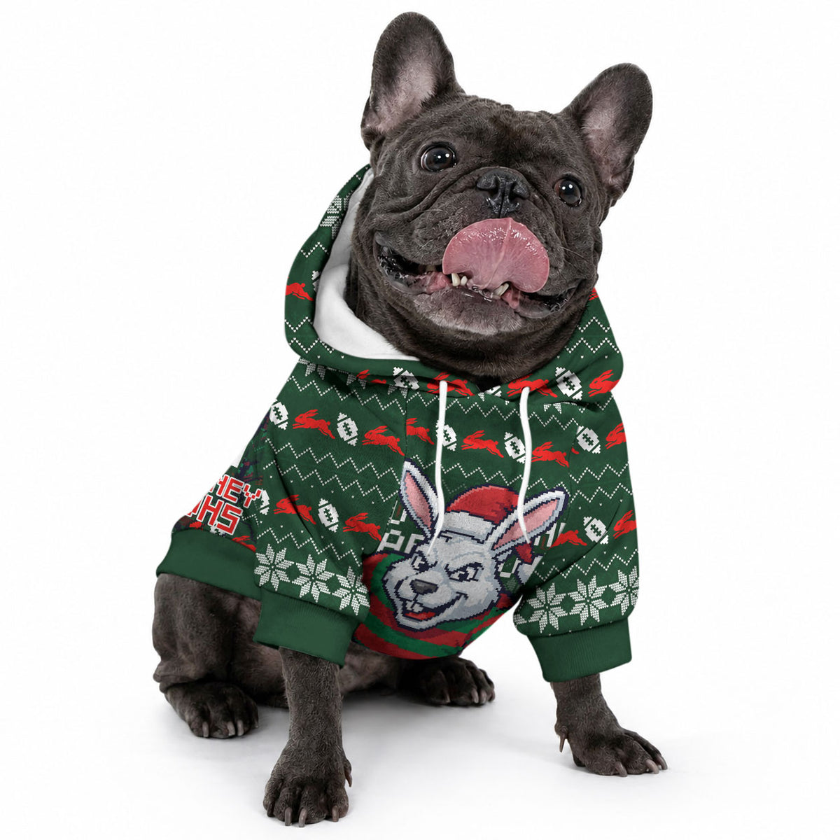 Personalized South Sydney Rabbitohs Christmas Pet Hoodie Australian Rugby Fans - Pixelated Ugly Xmas Pattern Mascot Santa