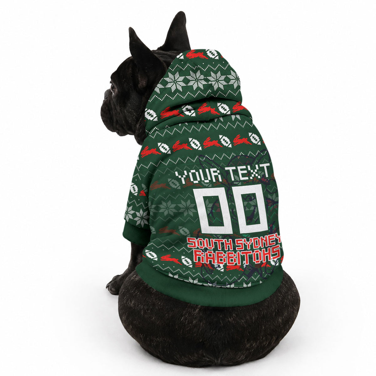 Personalized South Sydney Rabbitohs Christmas Pet Hoodie Australian Rugby Fans - Pixelated Ugly Xmas Pattern Mascot Santa