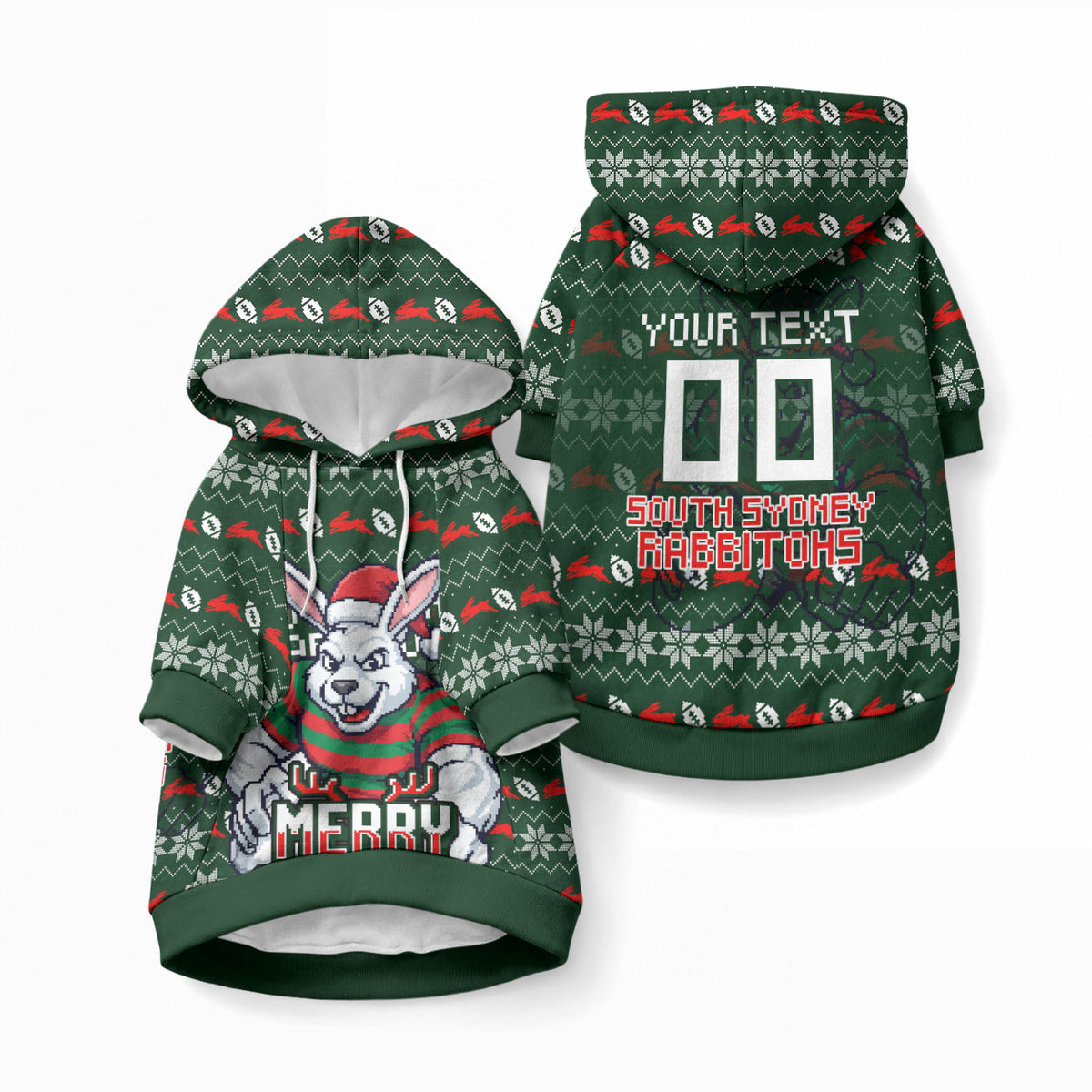 Personalized South Sydney Rabbitohs Christmas Pet Hoodie Australian Rugby Fans - Pixelated Ugly Xmas Pattern Mascot Santa