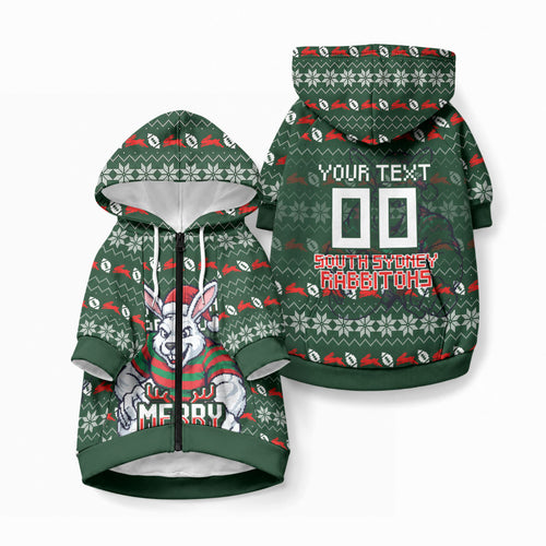 Personalized South Sydney Rabbitohs Christmas Pet Hoodie Australian Rugby Fans - Pixelated Ugly Xmas Pattern Mascot Santa