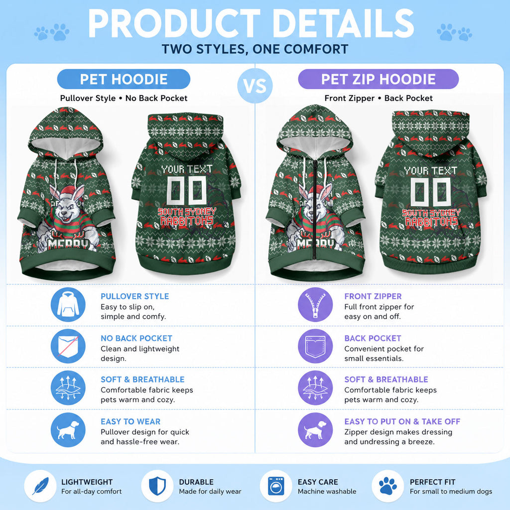 Personalized South Sydney Rabbitohs Christmas Pet Hoodie Australian Rugby Fans - Pixelated Ugly Xmas Pattern Mascot Santa