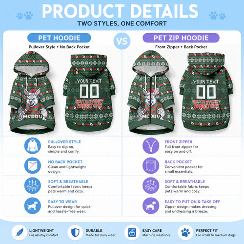 Personalized South Sydney Rabbitohs Christmas Pet Hoodie Australian Rugby Fans - Pixelated Ugly Xmas Pattern Mascot Santa