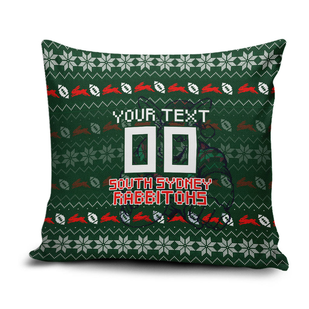 Personalized South Sydney Rabbitohs Christmas Pillow Cover Australian Rugby Fans - Pixelated Ugly Xmas Pattern Mascot Santa
