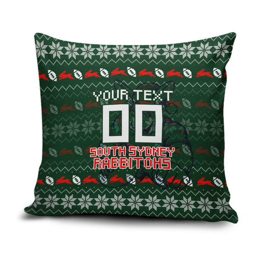 Personalized South Sydney Rabbitohs Christmas Pillow Cover Australian Rugby Fans - Pixelated Ugly Xmas Pattern Mascot Santa